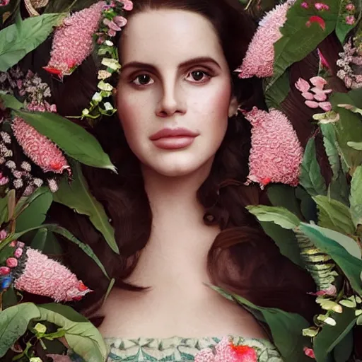 Prompt: head and shoulder portrait of lana del rey, surrounded by hummingbirds and dense fine floral ornaments, eye - level medium shot, dense floral background, elegant, intricate, by enjolars delphin, centered, volumetric light