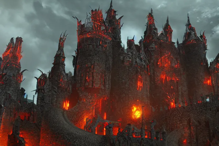 Prompt: big evil castle - city rock dark shadow elves, might and magic heroes vii, dark fantasy, shadows, artstation trending, unreal engine 5, red