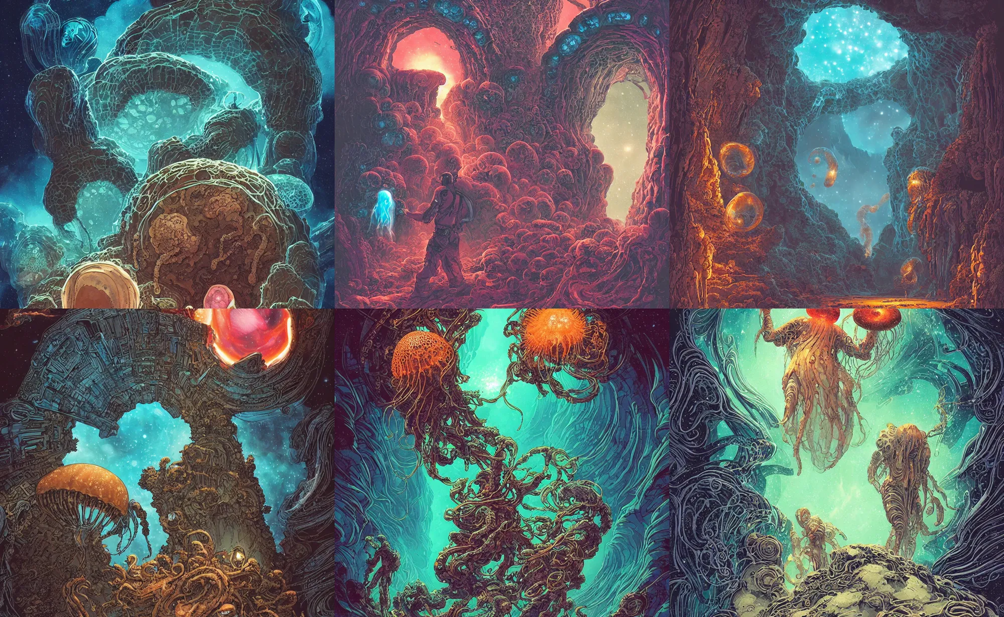 Prompt: a beautiful ultradetailed comic cover art of a gigantic carved stone-arched ancient portal to cosmic nebulae, with glowing jellyfish creatures flying around, by Laurie Greasley and Peter Mohrbacher and Quentine Mabilles and Dan Mumford, tarot card art, detailed, cyberpunk, dramatic lighting