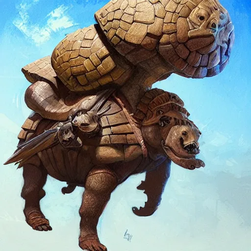 Image similar to toltec riding a glyptodon, fullbody, fantasy, intricate, elegant, highly detailed, digital painting, artstation, longspear, concept art, smooth, sharp focus, illustration, art by greg rutkowski and justin gerard