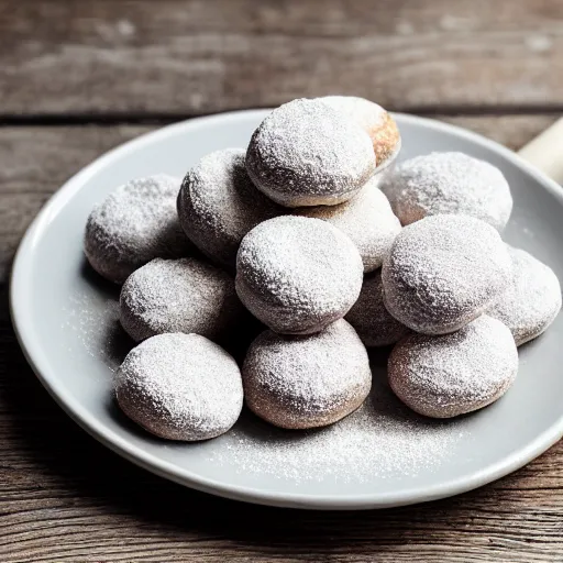 Image similar to powdered donuts stuffed with sliced pickles on an ornate table, high resolution photograph, romantic lighting