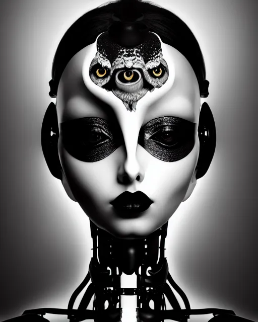 Image similar to surreal mythical dreamy dark artistic black and white fine art 3 / 4 fashion portrait photo of a young beautiful delicate female robot with orchid - owl face, rim light, cinematic, studio dramatic light, poetic, masterpiece, octane render, 8 k, photo - realistic by hg giger and man ray