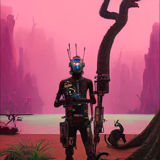 Prompt: a zulu cyberpunk hunter near a pink crocodile infested lake witha a baobab tree by greg rutkowski and android jones in a surreal portrait style, oil on canvas, 8k resolution.