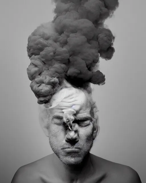 Prompt: annie liebowitz photo of a man who's head is turning into a puff of smoke, black and white