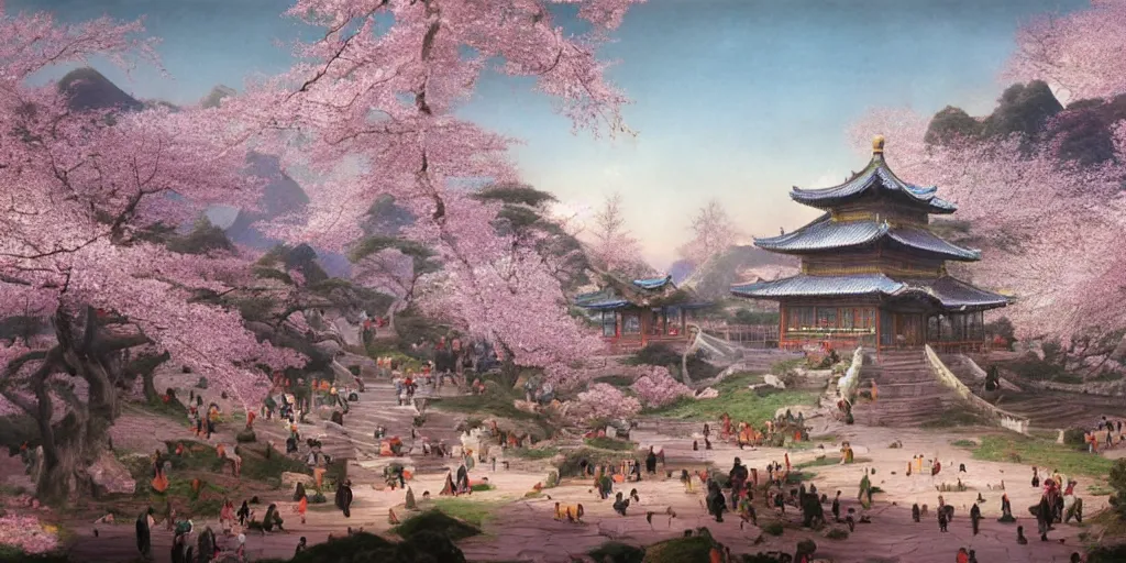 Prompt: it is a paradise with ancient chinese characteristics. it has a high degree of fantasy. cherry blossom forest, there are pavilions in the air, koi jumping in the air, and fairy birds and animals such as cranes and deer coexist with people. it is the life scene of the ancient people, a detailed matte painting by christophe vacher and albert bierstadt