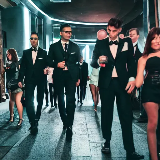 Image similar to cinematic shot of a group of anthropomorphic cute puppies wearing suits walking into a nightclub surrounded by beautiful women and bodyguards, 8k, dslr, suave,