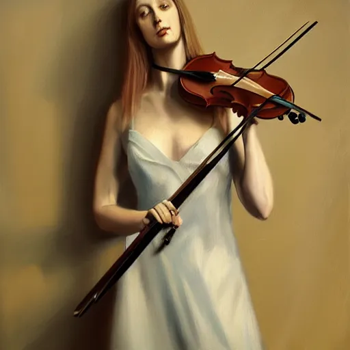 Prompt: violin character playing a woman, oil painting, artstation, dramatic lighting, symmetry, beautiful