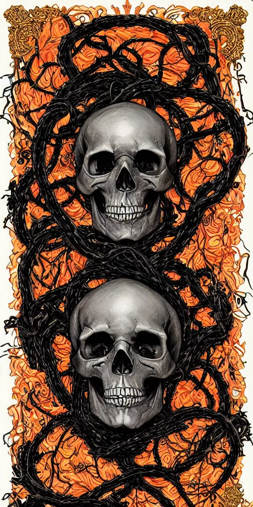 Image similar to human skull wrapped in vines + black paper + elements + red + gold + neon + baroque + rococo + white + orange + ink + tarot card with ornate border frame + marc simonetti, paul pope, peter mohrbacher, detailed, intricate ink illustration