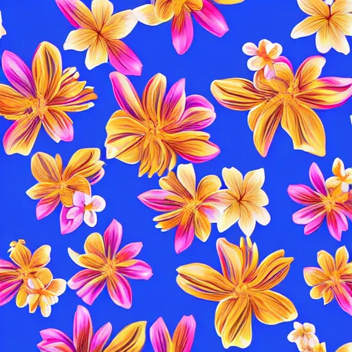 Image similar to Vector illustration of tropical flowers with multiple cohesive colors ranging from warms blues to bright oranges on a dark moldy blue background, 4K resolution