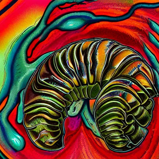 Image similar to painting of a trilobite, highly detailed, national geoprahic, psychedelic, LSD