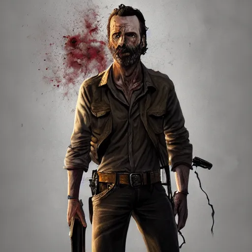 Image similar to rick grimes, zombie, full body shot, portrait, medieval, vivid colors, sharp focus, digital art, Hyper-realistic, 4K, Unreal Engine, Highly Detailed, HD, Dramatic Lighting by Brom, trending on Artstation