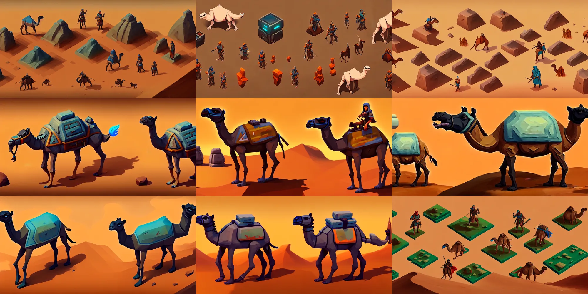 Prompt: isometric game asset of camel in the desert, in gouache detailed paintings, artgerm, stylized, smooth, 2 d sprites asset sheet, kitbash, arcane, overwatch, many color scheme, 8 k, close up,