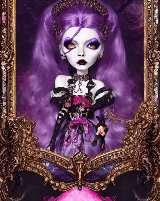 Prompt: maximalist baroque bedazzled gothic royalty frames surrounding a watercolor portrait of maximalist monster high draculaura doll, stephen bliss, unreal engine, by greg rutkowski, loish, rhads, makoto shinkai and lois van baarle, ilya kuvshinov, rossdraws, global illumination, radiant light, detailed and intricate environment, watercolor lighting