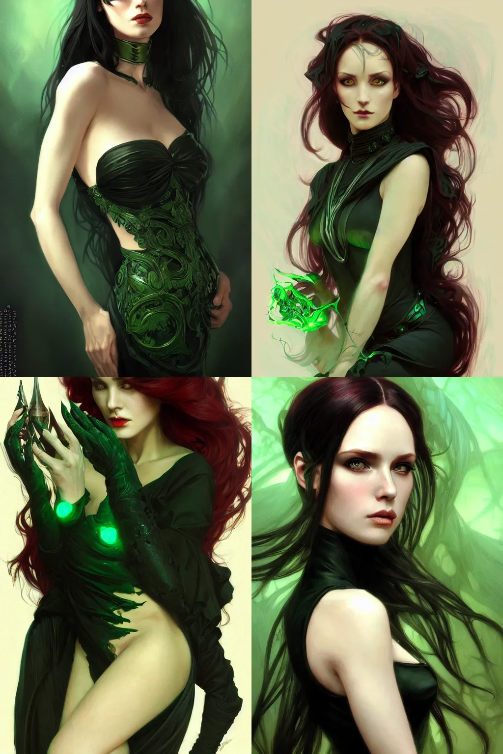 Image similar to portrait of a dark fantasy seductive female necromancer, stylish black dress, green eyes, long red hair, fantasy, elegant, intricate, full frontal shot, highly detailed, digital painting, artstation, concept art, sharp focus, illustration, art by artgerm and greg rutkowski and alphonse mucha
