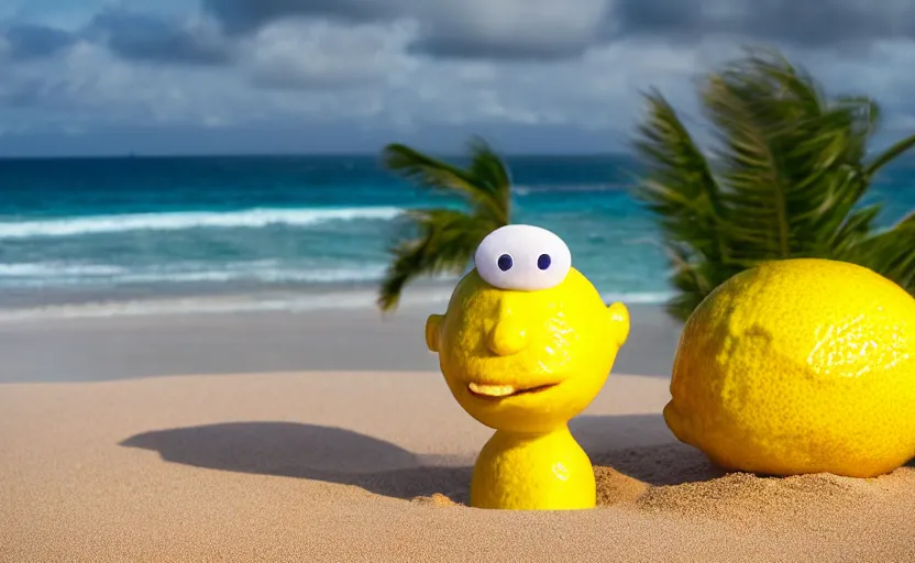 Image similar to 5 0 mm photograph, of a real anthropomorphic lemon cartoon character, it has lemon skin texture, it's wearing a hat and a vr head, building a sandcastle on the beach at sunset, beach, waves, sun, clouds, tropical trees, rim light, sand, sandcastle, volumetric lightening, pentax k 1 0 0 0