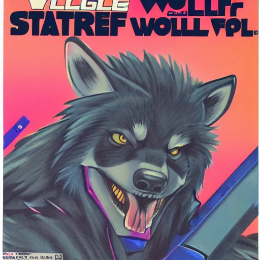 Image similar to 1 9 8 0 s video game art of anthropomorphic wolf o'donnell from starfox fursona furry wolf in a dark space mercenary uniform, looking heroic, magazine scan, 8 0 s game box art, dark grey wolf o'donnell