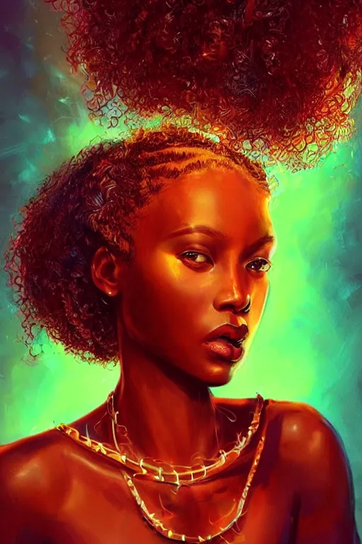 Prompt: stunning breathtaking portrait of an afro goddess, realistic concept art, afrofuturism, braided hair, beautiful volumetric lighting, a vibrant color explosion in bokeh background, artstation, photorealism, smooth