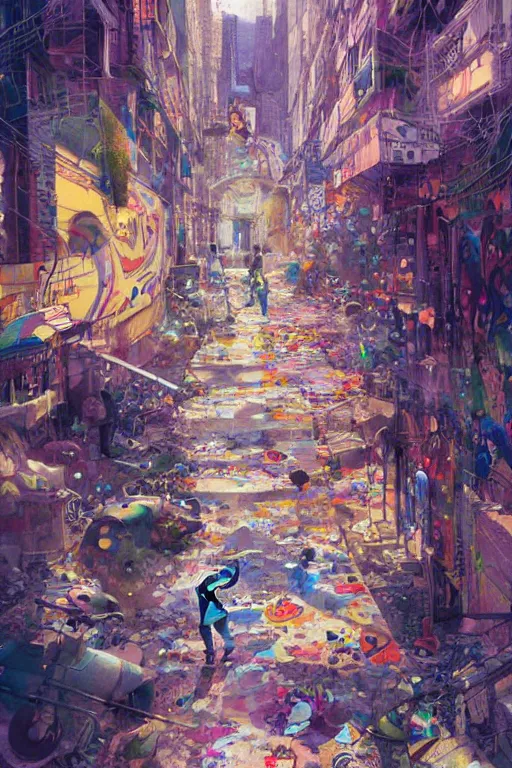 Prompt: dreamlike people in a busy city people covered by colorful graffiti paint dripping down to the floor, professional illustration by moebius, hiroshi yoshida, painterly, yoshitaka Amano, artgerm, loish, painterly, and james jean, illustration, moon lighting, masterpiece