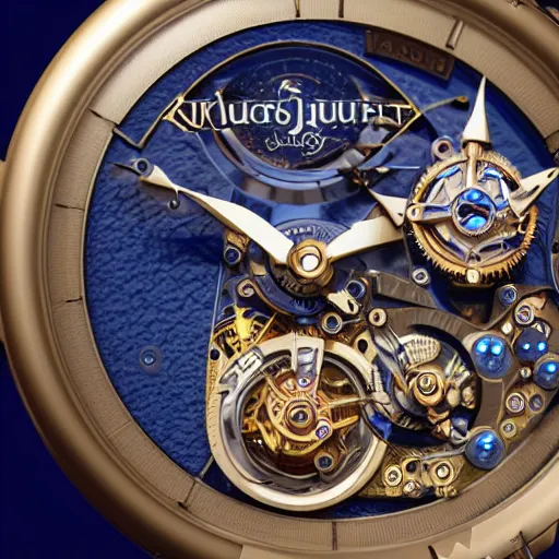 Prompt: the mechanism of a steampunk Jaquet Droz Skelet-One Tourbillon, highly detailed illustration highlights, gold and silver highlights, neon blue highlights, macro photography, F/2.8, trending on artstation, octane render