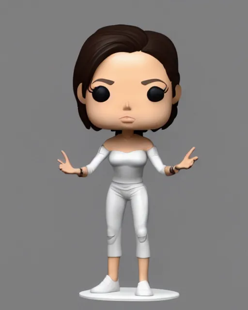 Prompt: full body 3d render of Angelina jolie as a funko pop, studio lighting, white background, blender, trending on artstation, 8k, highly detailed