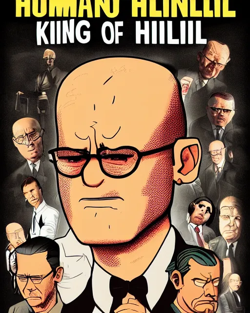 Prompt: a promotional poster for a mafia king of the hill movie, poster design, king of the hill, dramatic, dramatic lighting, pulp style poster, hank hill, dale gribble, boomhauer, bill dauterive, john redcorn, in the style of mike judge