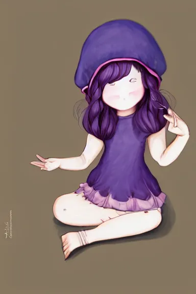 Image similar to a little girl wearing a mushroom hat in dress sitting | | purple curvy hair, pretty face, fine details, digial art by lois van baarle, anatomically correct, perfect composition, symmetrical, fantastic, clean details, anime character, extremely detailed