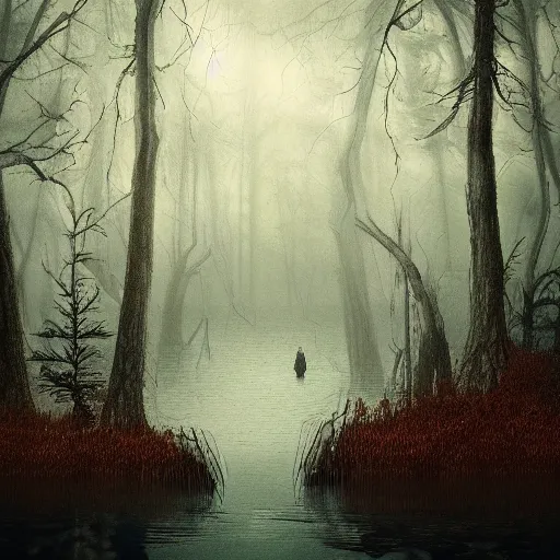 Image similar to concept, artistic swamp with mystic fog, fishing rode, from horror movies, art station, mysterious, masterpiece