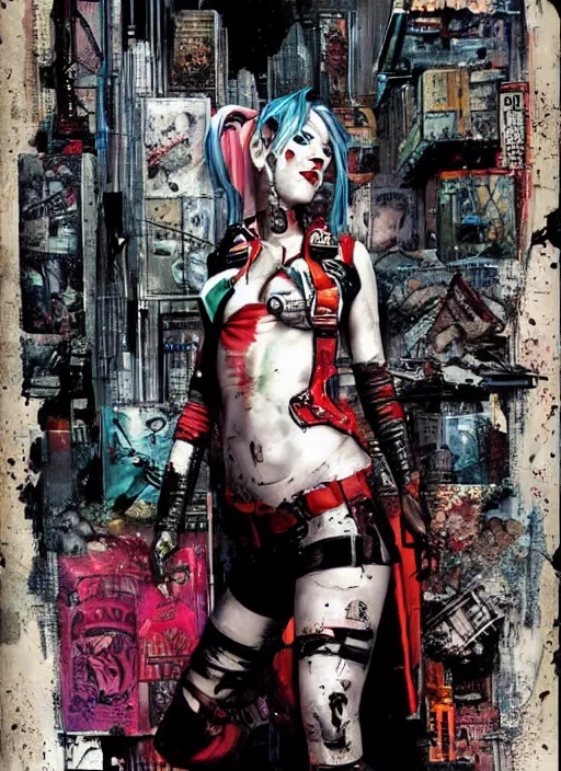 Prompt: a dream portrait of cyberpunk Harley Quinn in post apocalyptic Gotham art by Tim Bradstreet, Travis Charest, Simon Bisley, centered in frame