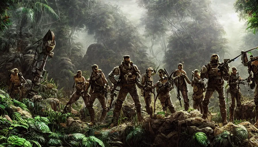 Prompt: a beautiful highly detailed matte painting of a band of mercenaries finding a robot in a dense jungle underground