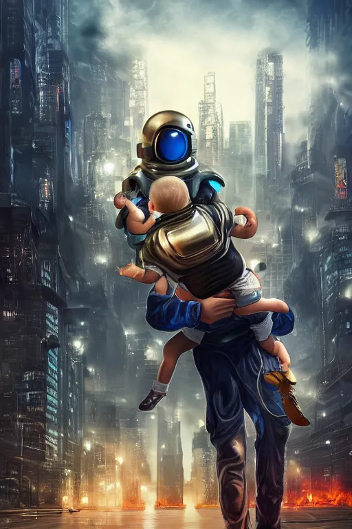 Prompt: metallic android carrying a sleeping child, background of futuristic cityscape, buildings on fire, no blur, high detail, cinematic