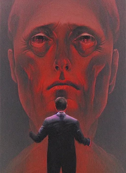 Image similar to A painting in a style of Beksinski featuring Elon Musk. Very detailed, symmetry