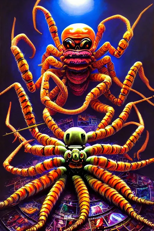 Image similar to a hyperrealistic painting of an epic boss fight against an ornate supreme evil arachnid overlord, cinematic horror by jimmy alonzo, the art of skinner, chris cunningham, lisa frank, richard corben, highly detailed, vivid color,