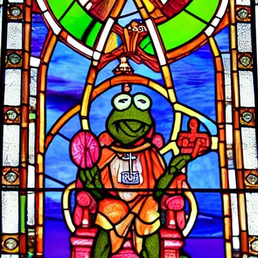 Prompt: kermit the frog as a holy sacred god on acid on his throne in the shrine of his classically decorated temple as a masterpiece stained glass window and a grand cathedral