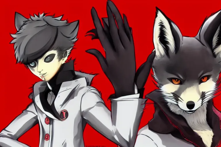 Image similar to a furry tan male fox on a persona 5 : royal ( by atlus ) video game splash screen, a furry male sandcolored tan fox fursona ( has hair ), persona 5 phantom thief style