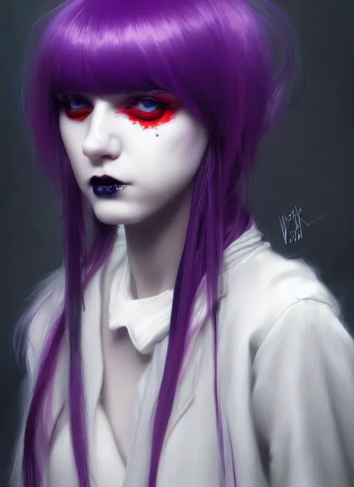 Image similar to portrait of white teenage girl, normal face, white bangs, mall goth, cyberlox, black and white hair, bangs, fluffy bangs, red contact lenses, purple lipstick, intricate, elegant, highly detailed, digital painting, artstation, concept art, sharp focus, smooth, illustration, art by wlop, mars ravelo and greg rutkowski