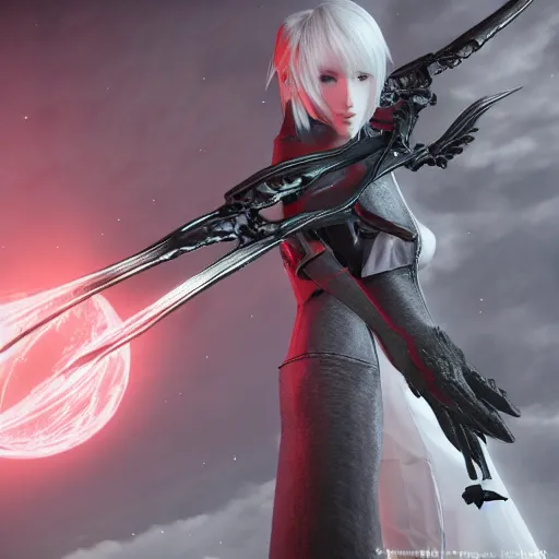 Image similar to a red au ra xaela with grey hair in a suit of astronaut armor with their futuristic scythe drawn, Final Fantasy FFXIX, high octane, detailed 3D rendered in unreal engine, 4k