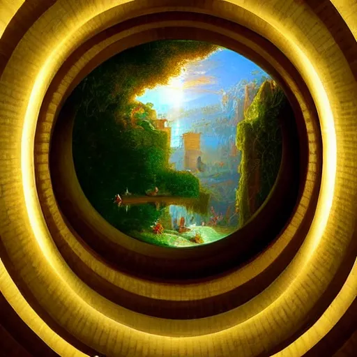 Image similar to award winning masterpiece with incredible details, a surreal 3d painting by Thomas Cole of a floating illuminated orb amongst an endless spiraling staircase on a checkerboard plane underwater