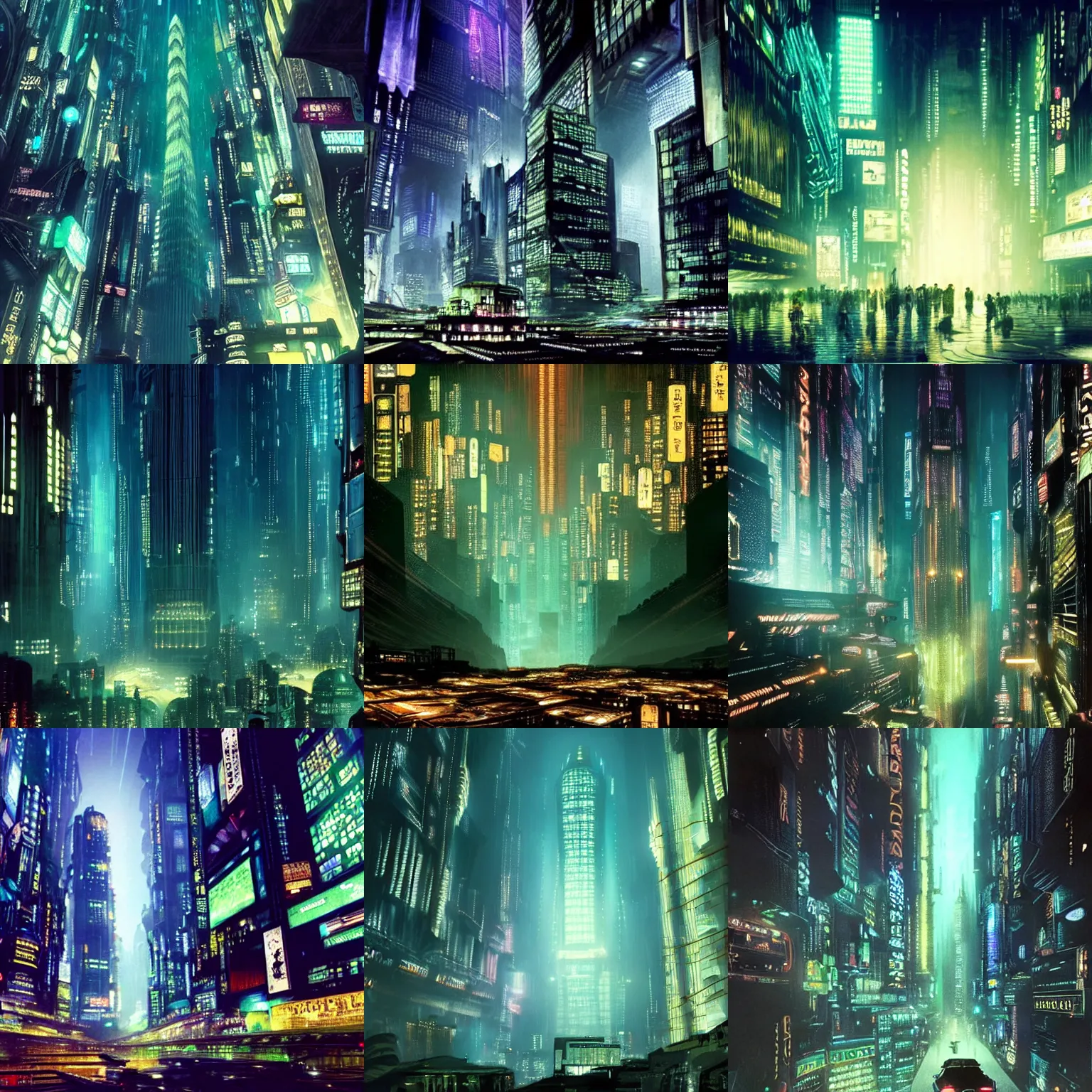 Prompt: a grand city at night with beautiful skyscrapers with glowing lights and green spaces, all inside an enormous cavern, cavern ceiling visible, bladerunner cinematic still