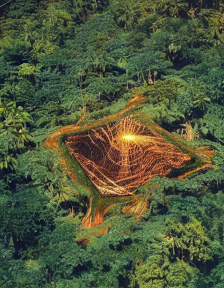 Prompt: vintage color photo of aerial view of a giant 1 1 0 million years old abstract sculpture made of light beams and liquid gold covered by the jungle vines