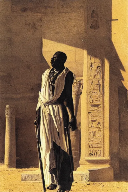 Prompt: a closer hero portrait of a live nubian temple guard in old egypt. masterpiece, dramatic light and shadow, saturated colors, ciaroscuro. painted by anders zorn