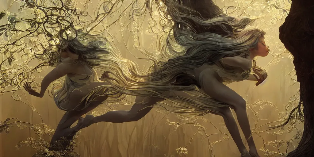 Image similar to wide angle panther, metallic silver and ice color reflected crystal hair, leaping from babaob tree, fantasy, intricate, very beautiful, elegant, golden light, highly detailed, digital painting, artstation, concept art, smooth, sharp focus, illustration, art by wlop and tian zi and alphonse mucha