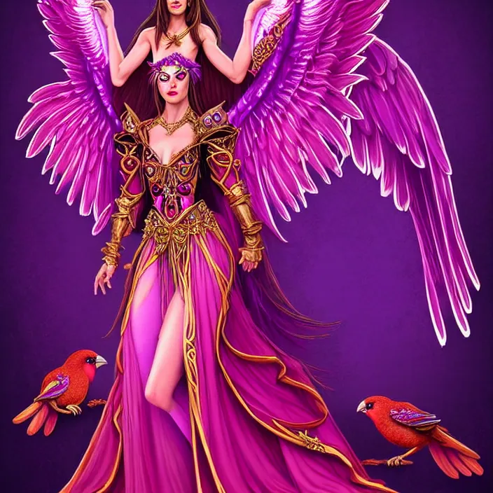 Image similar to Princess sorceress with red flaming bird wings on her back and sitting on an ornate throne dressed in a fancy long purple dress, beautiful realistic symmetrical defined face, Slight smile and open eyes, anatomically correct, Fantasy, Full Portrait, High detail, realistic, planeswalker