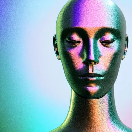 Image similar to 3d render of holographic human robotic head made of glossy iridescent, surrealistic 3d illustration of a human face non-binary, non binary model, 3d model human, cryengine, made of holographic texture, holographic material, holographic rainbow, concept of cyborg and artificial intelligence