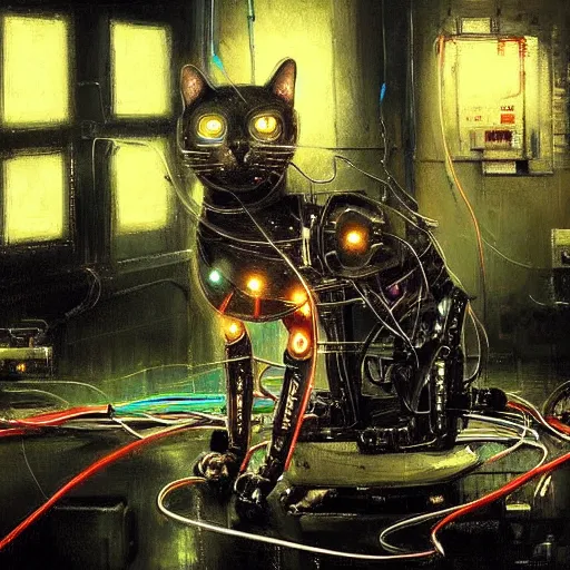 Prompt: robot cyborg cat, many wires and neon lights exposed, metal and glowing eyes, highly detailed painting by jeremy mann