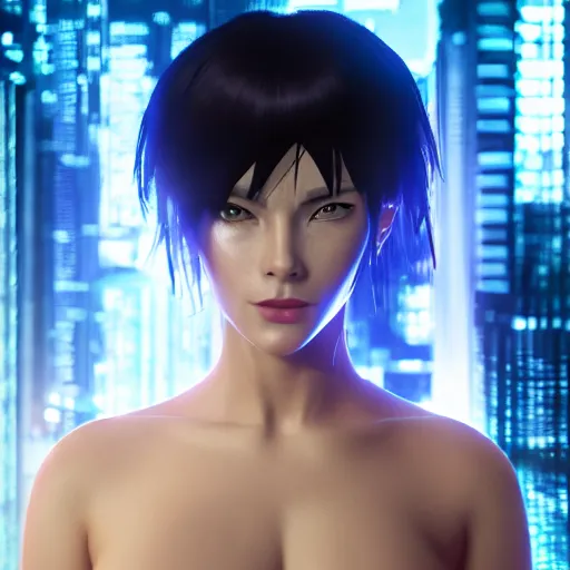 Prompt: a ghost in the shell inspired portrait of a woman 4k photorealistic, volumetric lighting, HD, high details, dramatic, trending on artstation, bokeh lights