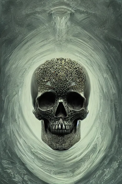 Image similar to concept art skull, the skull is decorated with art deco patterns, close - up portrait, powerfull, intricate, elegant, volumetric lighting, scenery, digital painting, highly detailed, artstation, sharp focus, illustration, concept art, ruan jia, steve mccurry