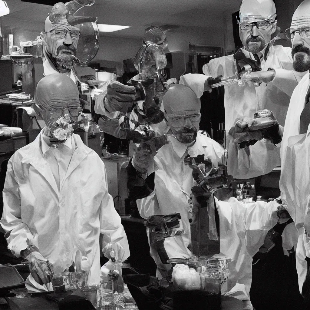 Prompt: Highly detailed photo of Walter White and Donald trump making meth