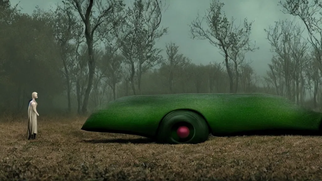 Image similar to the strange creature waits by the car, made of Chlorophyll and blood, film still from the movie directed by Denis Villeneuve with art direction by Salvador Dalí, wide lens