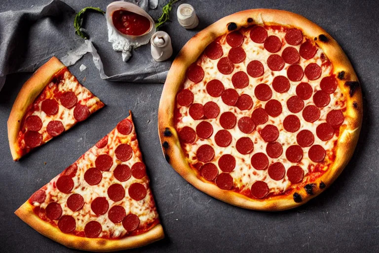 Prompt: a pizza with among us character-shaped pepperoni on top. Food photography, studio photography, highly detailed