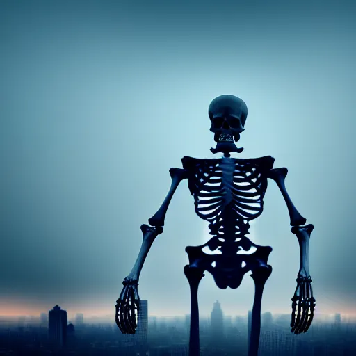 Prompt: Highly detailed Photograph of a colossal human skeleton looming over a city, hyperrealistic, volumetric fog, 8k resolution